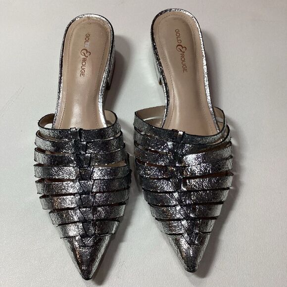 Gold & Rouge Gunmetal Woven Pointed Toe Mules Flat Sole Women’s Size EU 38 - Picture 2 of 15